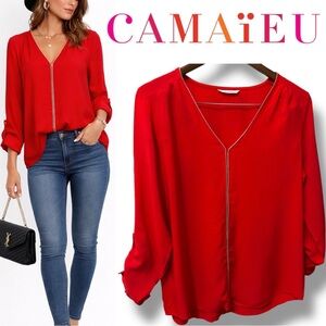 CAMAIEU | NWOT Silk Red V-Neck Gold Trim Detail, 3/4 Sleeve Blouse (size L)